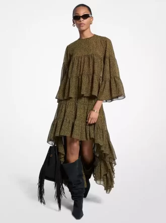 Jupe à volants asymétrique en georgette à imprimé cachemire