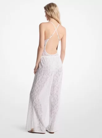 Pantalon à cordon en nylon stretch à dentelle florale