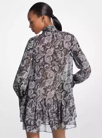 Robe à col noué en georgette cachemire métallisée